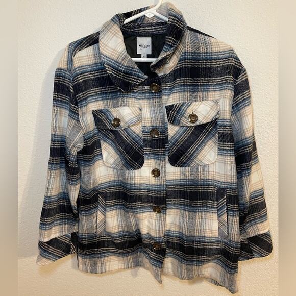 Kensie Blue Plaid oversized Flannel Shacket size Medium Jacket Warm and Cozy - Picture 1 of 5
